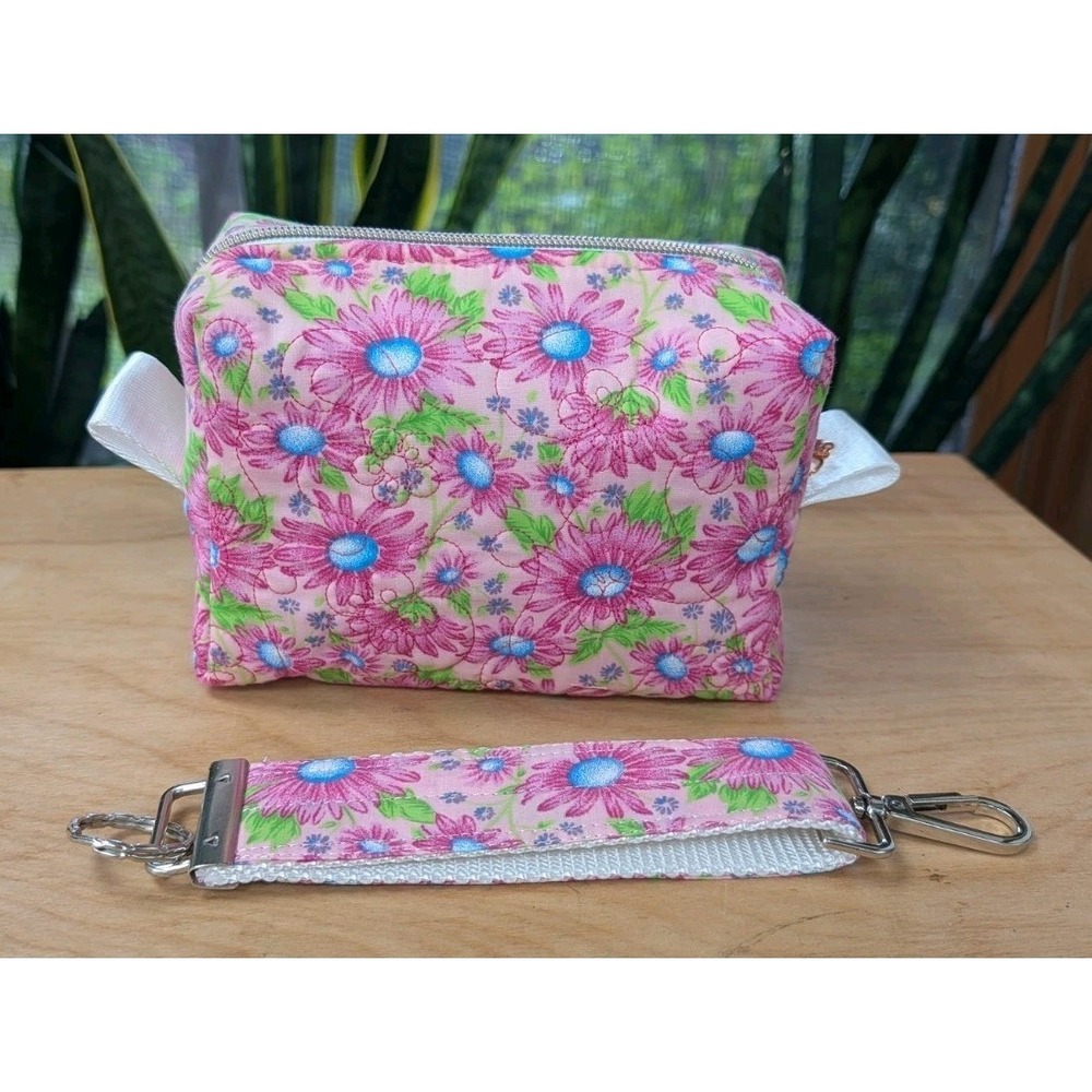 Embroidered MAKEUP Cosmetic Toiletries Pink Aster + Matching Key Fob SET